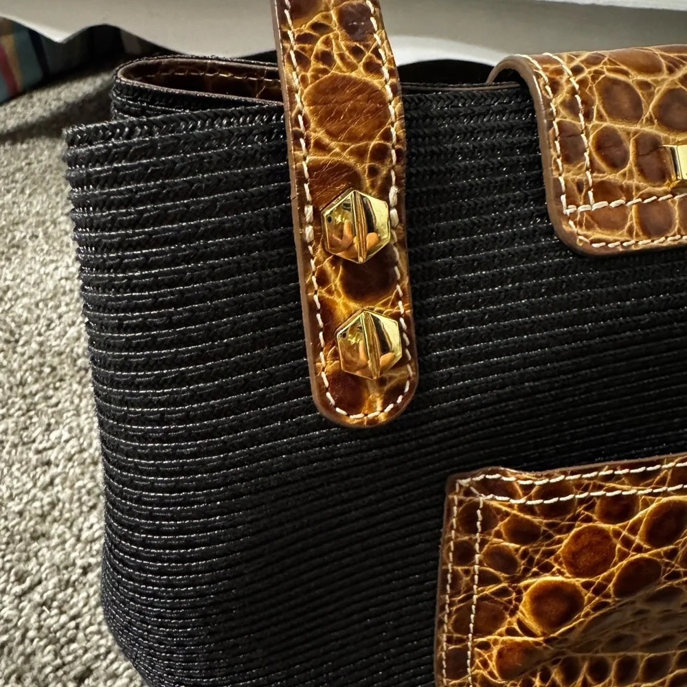 Eric Javits Black Island Tote Bag with Brown Croc-Trim and Gold Hardware - Picture 9 of 12